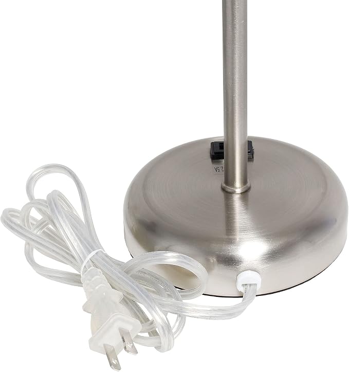 Oslo 19.5" Contemporary Bedside Power Outlet Base Standard Metal Table Desk Lamp in Brushed Steel with Tan Drum Fabric Shade