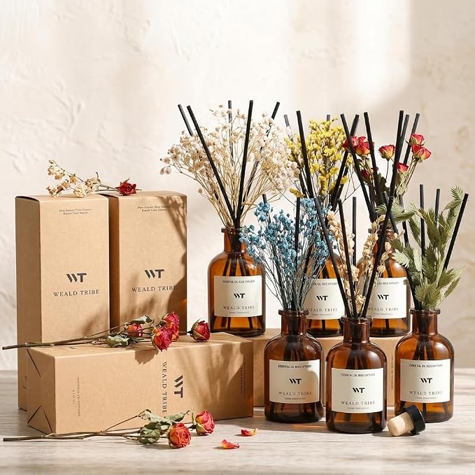 WEALD TRIBE Flower Reed Diffuser Set Cashmere Vanilla Scent for Bathroom Air Fresheners | 4.0 fl oz Essential Oils with Sticks Home Fragrance Defusers | House Bedroom Office Shelf Decor & Gift