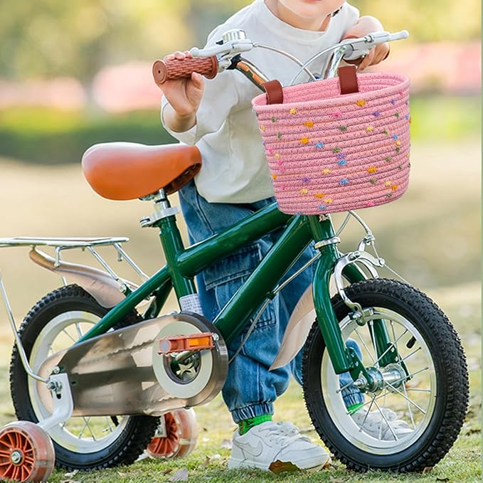 Kids Bike Basket for Boys and Girls, Children's Bicycle Basket Woven With Sisal Rope, Cute Decorative Accessories for Balance Bikes and Scooters