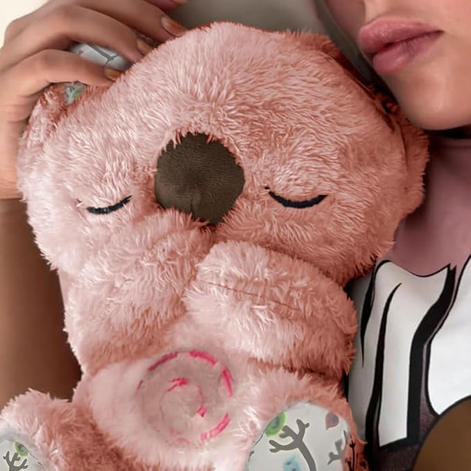 Relief Koala Breathing Stuffed Toy, Anxiety Relief Plush Breathing Animal, Sleeping Koala Plush Breathing with Musical Lights & Adjustable Rhythmic Breathing Motion (Pink)