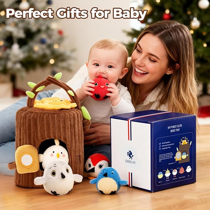 Evoceler Surprise Tree Stump with Birds, Rattle, Crinkle Paper,Squeaker & Mirror | Soft Montessori Toys for 6 Month Old Babies | Sensory Toddlers 1-3, 1 Year Old Boy Girl Gifts, Baby Toys 6-12 Months
