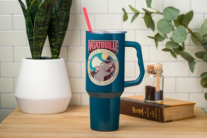 Silver Buffalo Disney Pixar Ratatouille Remy "Let's Cook Together" Double Walled Stainless Steel Tumbler with Handle and Straw, Fits in Standard Cup Holder, 40 Ounces