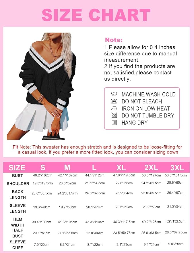 Aoudery Womens V Neck Oversized Sweaters Long Sleeve Cable Knit Pullover Striped Chunky Sweater Casual Tennis Tunic Tops