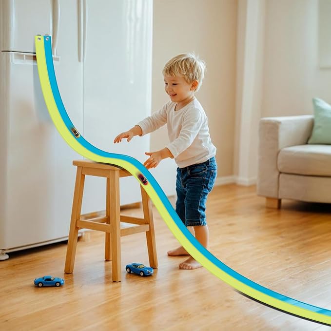 Flex Tracks 15 Ft for Kids Starter Set, Flexible Race Car Ramp Track with Suction Cups Compatible with Hot Wheels and Diecast 1/64th Cars for Ages 3 & Up (Green & Blue)