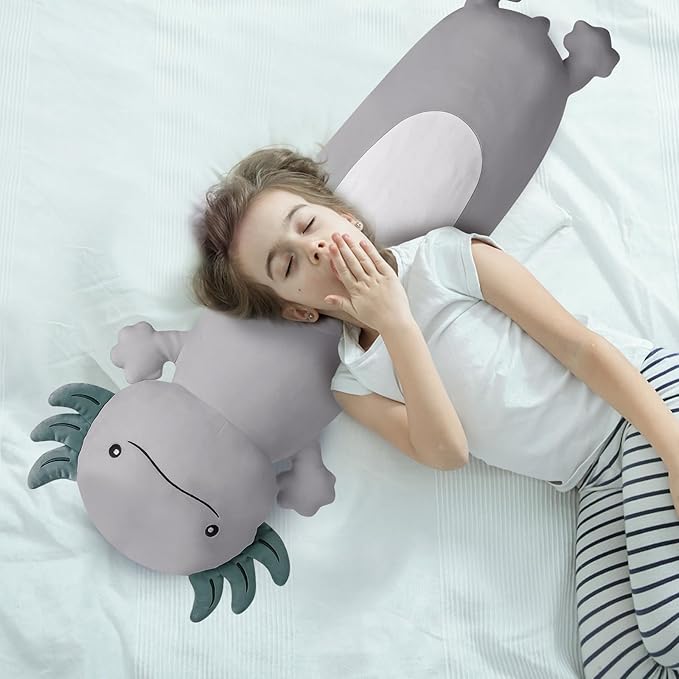 36 inch Cute Giant Grey Axolotl Plush Soft Long Body Pillow, Large Squishy Plushies Axolotl Stuffed Animals Toy, Gifts for Kids Boys Girls Birthday