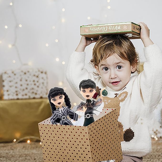 Dumwick 9'' Adams Doll with Gift Box, High Heels, Black Dress, and Hair, Perfect Christmas and Birthdays Toy Gift for Girls & Fans (Braces + Stripes)