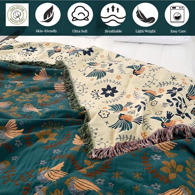 Boho Throw Blanket for Bed 100% Cotton Bohemian Blankets Ultra Soft Woven Muslin Decorative Blankets All Seasons Vintage Quilt Knitted Blanket for Sofa Chair(Blue, 90"x98")