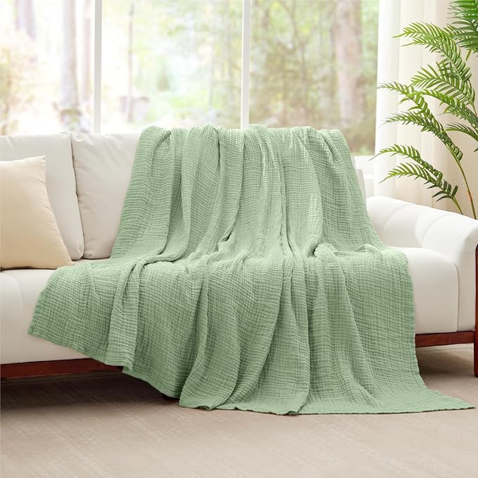 100% Cotton Muslin Blanket Large 50" x 70", 6 Layers Breathable and Lightweight Cotton Throw Blanket for Bed and Couch, Soft Quilt Bedspread, Gauze Blanket for Adults All Season, Sage Green