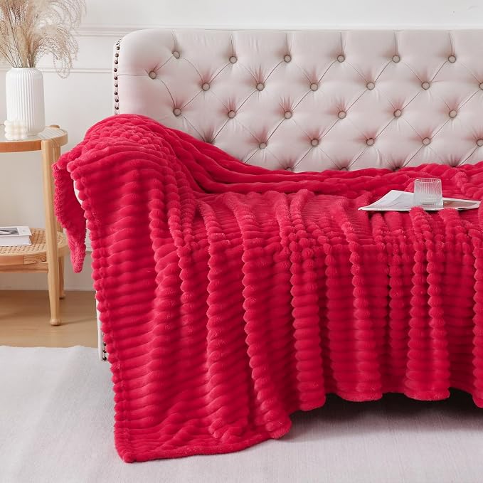 Cherry Red Throw Blanket for Couch Sofa 50x60 inches Striped Design | Fleece Blankets Room Home Decor Lightweight Plush Soft Cozy Gifts for Women Mom