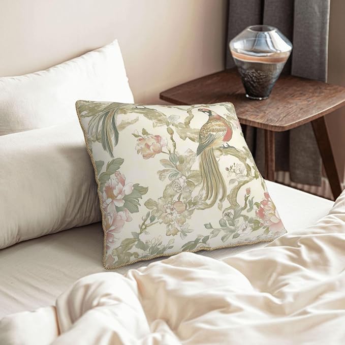 Vintage Bird Floral Velvet Pillow Covers 18x18 Inch Chinoiserie Flowers Leaves Throw Pillows for Couch Farmhouse Cushion Covers Pillowcase Light Green Leaf Pillow Cases for Sofa Bed Outdoor Decor