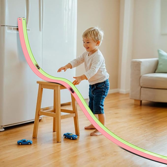 Flex Tracks 15 Ft for Kids Starter Set, Flexible Race Car Ramp Track with Suction Cups Compatible with Hot Wheels and Diecast 1/64th Cars for Ages 3 & Up (Green & Pink)