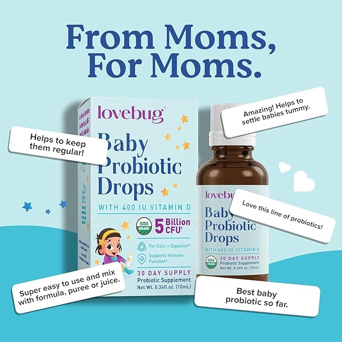LOVEBUG Baby Probiotic Drops - Organic Probiotics for Immune Support and Baby Constipation & Colic Relief - Tasteless & Sugar-Free Liquid Drops for Newborns, Babies & Infants (0-12 Months) - 10ml
