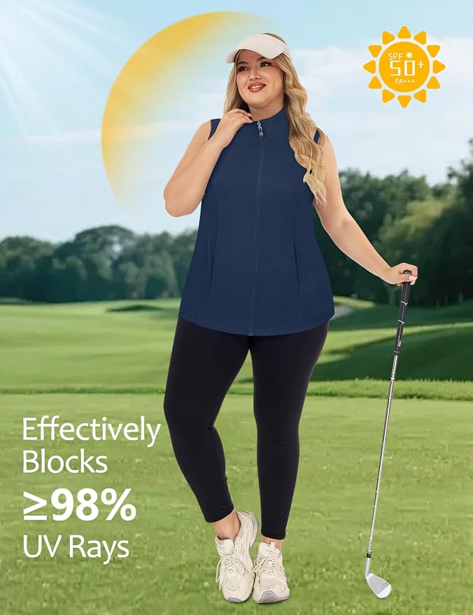 Misyula Style Plus Size Womens Golf Shirt Full-Zip with Pockets Tank Tops | Sleeveless, Quick Dry, Moisture-wicking, Lightweight Vests, Athletic, Tennis, Running, Workout, Casual, Travel, Work