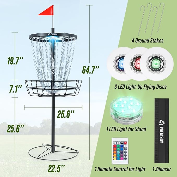 Disc Golf Basket with 24/12 Heavy Duty Chains, Disc Golf Target with Adjustable Height/Sound Reducer & Remote LED Light & Light Up Discs, Durable Practice Goal with Ground Stake for Backyard