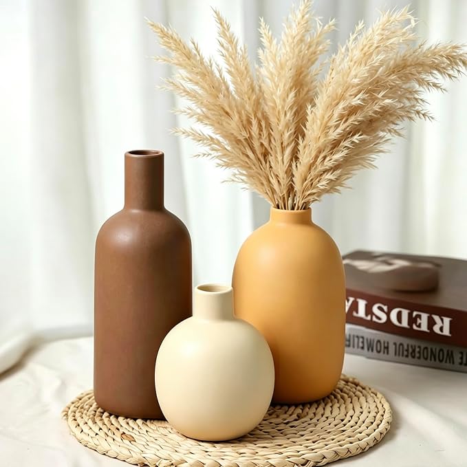 Large Ceramic Vase Set of 3, Brown Rustic Vases Home Decor Waterproof | Farmhouse Vases for Pampas Grass & Dried Flowers and Table Living Room Home Decor