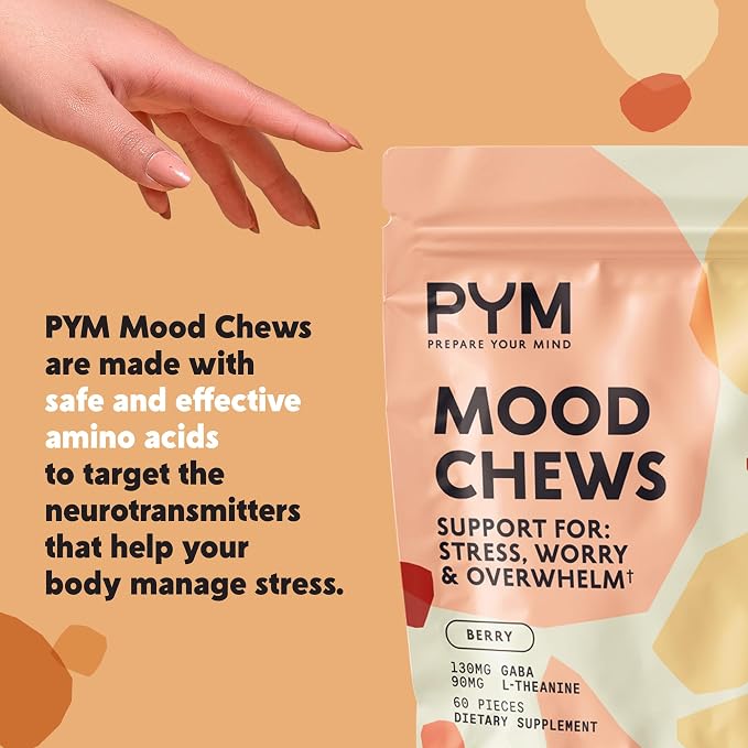 PYM Berry Mood Chews Support for Stress, Worry & Overwhelm, 60 Count | 130mg GABA, 90mg L-Theanine | Vegan,Non-GMO, Gluten-Free,No Added Sugar | All-Natural Mood Support Supplement in Resealable Bag