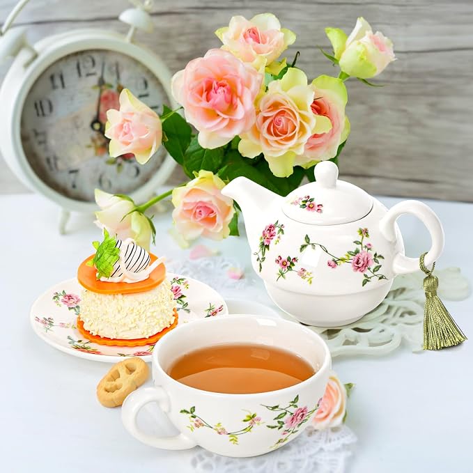Coloch Tea for One Set, Porcelain Teapot Cup and Saucer Set with Tassel Vintage Floral Ceramic Tea Set for One for Women, Home, Office, Afternoon Tea, Rattan Flower Design
