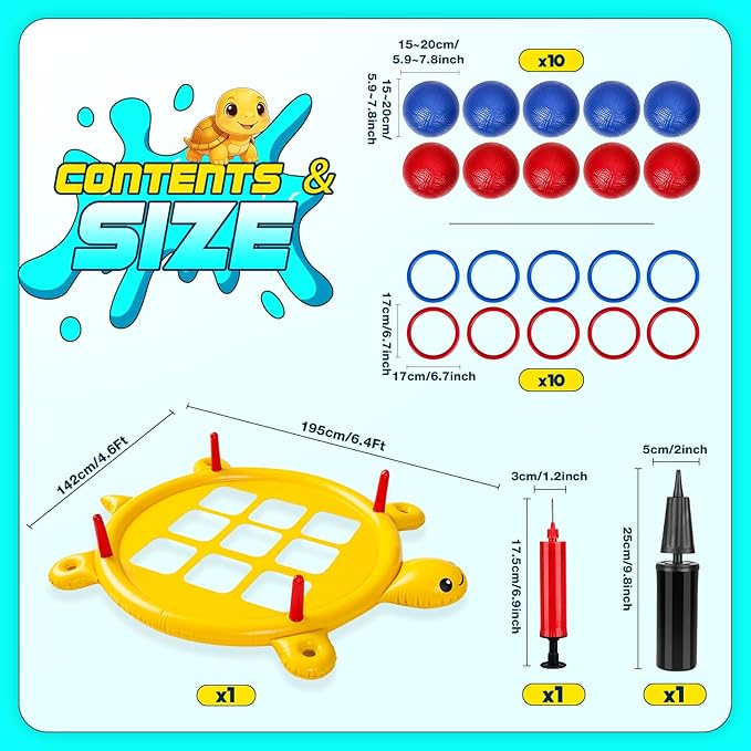 2 in 1 Pool Toys Games Set Inflatable Tic Tac Toe with 10 Balls & 10 Rings for Adults Teens Kids, Giant Floating Tic-Tac-Toe with Cup Holder, Ring Toss, Large Outdoor Yard Carnival Field Day Game