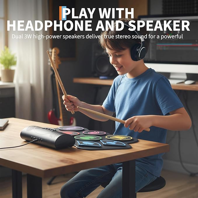 9 Pads Bluetooth Electric Drum Set, Portable Roll Up Electronic Drum Pad with Headphone Jack, Pedals & Sticks, Recording Function, Great Holiday Xmas Birthday Gift for Kids