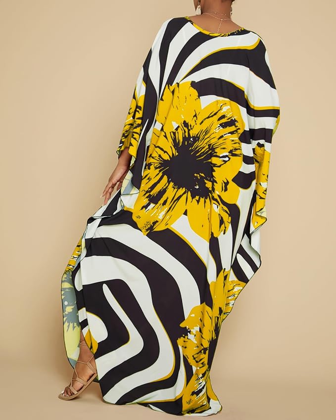 Bsubseach Kaftan Dresses for Women Floral Print Plus Size Beach Cover Up | Lightweight V Neck Loose Fit Boho Dress, Batwing Sleeve Side Slit, Moo Moos for Women Home Loungwear Cruise Resort Wear