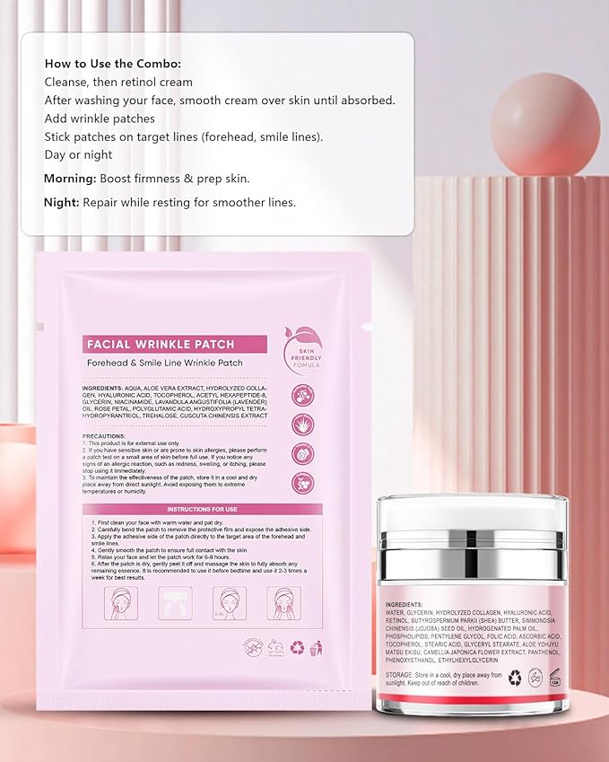 UKVOA Forehead Wrinkle Patches & Smile Line Patches, Overnight Facial Wrinkle Treatment with Hyaluronic Acid, Aloe, Collagen & Vitamin E to Lift Smile Lines for Women 36pcs with Face Retinol Cream