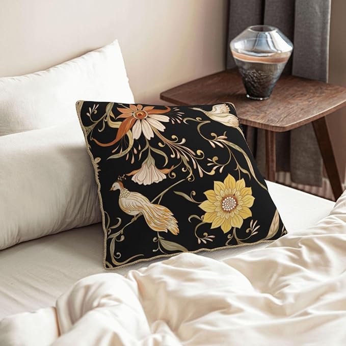 Flowers Birds Velvet Pillow Covers 16x16 Inch Vintage Floral Black Throw Pillows for Couch Farmhouse Cushion Covers Pillowcase Retro Rustic Pillow Cases for Sofa Bed Living Room Outdoor