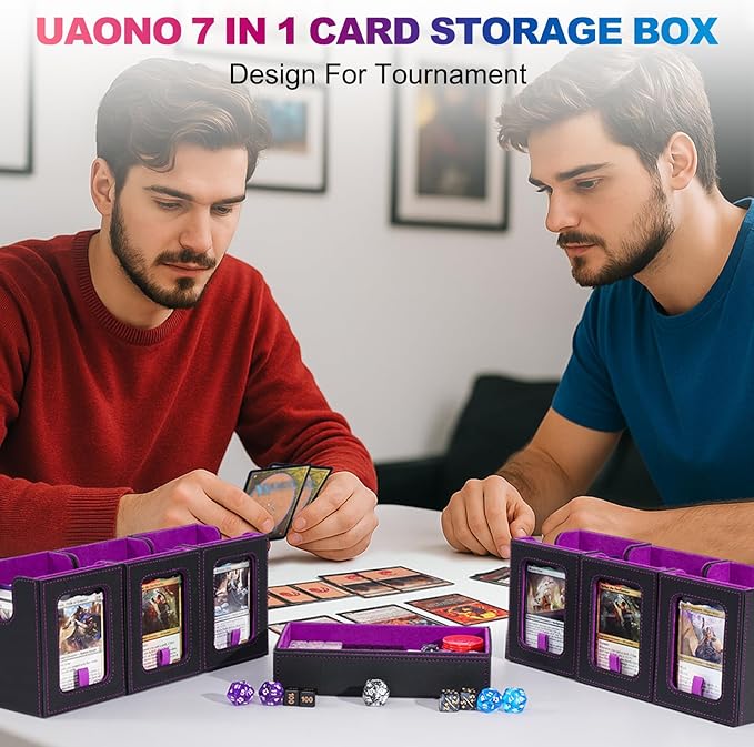 UAONO Commander Deck Box for MTG, 6-Deck Modular Card Case with Dice Tray Holds 600+ Double-sleeved Cards, Removable Trading Cards Storage Box with 35PT Magnetic Card Holders for TCG, Black Purple