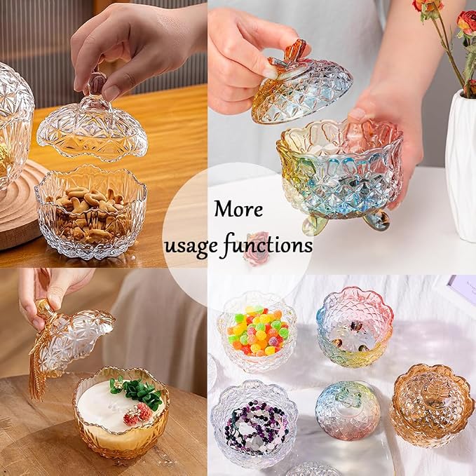 Luxury 4 Inch Glass Powder Container with 2 Soft 3.5" Puffs|Non-Sealed Refillable Organizer for Body Powder, Makeup & Jewelry|Setting Powder Applicator w/Loose Powder Storage(Crown-Olive Green)