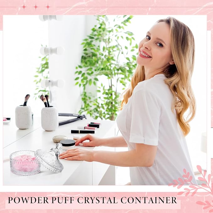 Tioncy 3 Pcs Large Body Powder Puff and Container Valentine's Day gift Powder Container with Puff Crystal Case Soft Washable Reusable Velour Face Body Glitter Wet Dry Makeup(Vintage Embossed,Clear)