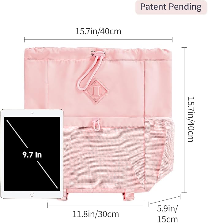 WANDF Drawstring Backpack for Women, Lightweight Gym Bag with Yoga Mat Strap, Water-Resistant String Backpack with Mesh Pocket (Pink, Patent Pending)