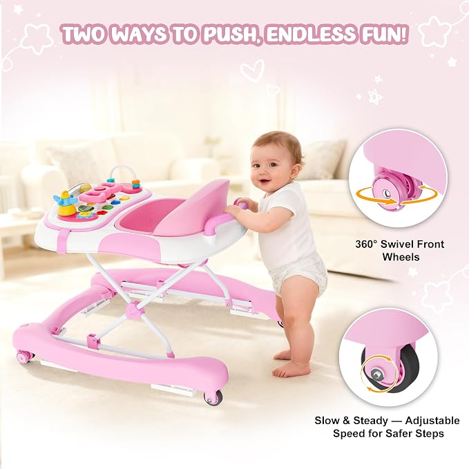 5-in-1 Foldable Baby Walker,Music and Lights Baby Walker with Wheels,Height Adjustable Infant Walker, with Activity Center, Rocker, Bouncer,Push Walker & Feeding Tray for Babies 6-18 Months (Pink)