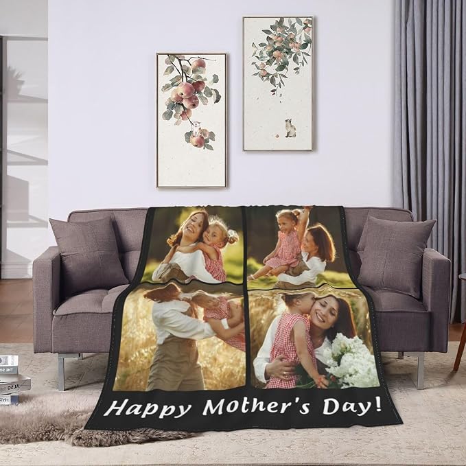 Custom Halloween Blanket Gift for Kid Boy Girl, Personalized 4 Photo Blanket, HD Printing Customized Flannel Throw Blanket Gifts for Mom Dad Couple Girlfriend Boyfriend Wife Husband