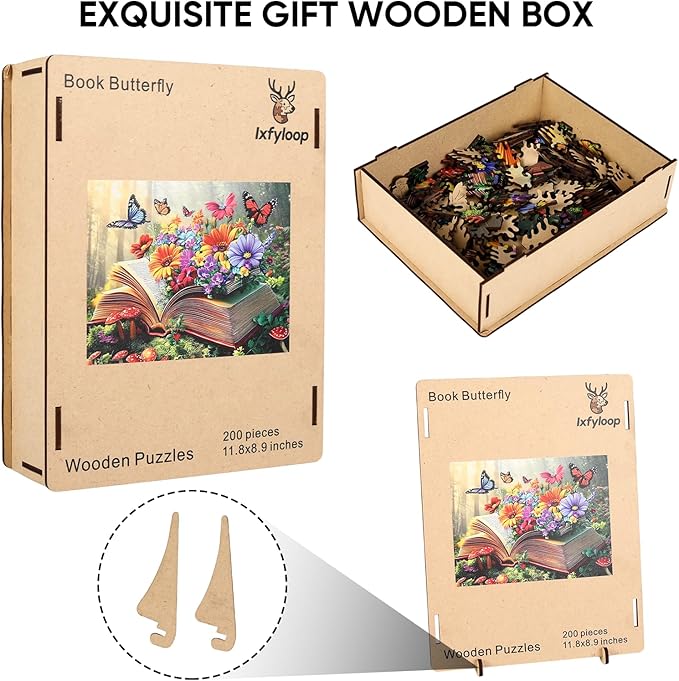 Ixfyloop Butterfly Book Wooden Puzzles for Adults, Colorful Wildflower Magic Jigsaw Puzzles, Wood Toys with Puzzle Storage 200 Pieces, Creative Gift for Family Game 11.8x8.8 inch