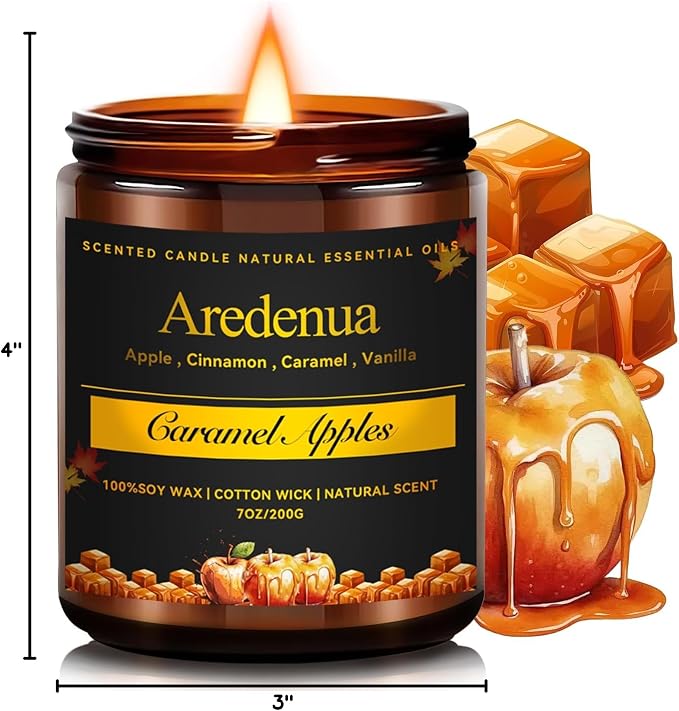 Caramel Apple Candles โ Holiday Winter Scented Candles, Warm Caramel & Crisp Apple Aroma for Christmas Home Dรฉcor, Cozy Seasonal Candle Gift for Women & Men, Long-Lasting Soy Wax Candle
