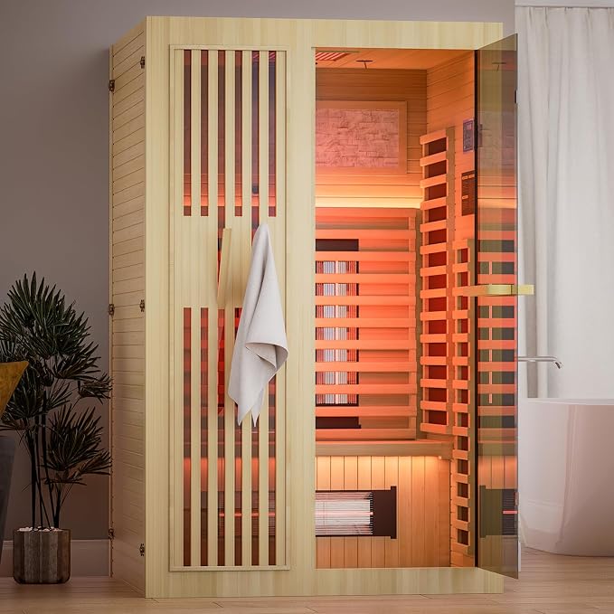 MEISSALIVVE Full Spectrum Sauna for Home, 1-2 Person Indoor Infrared Sauna Room with 10 Minutes Warm-up Heate, Canadian Hemlock Wood Indoor Dry Heat Sauna with Bluetooth and Tempered Glass