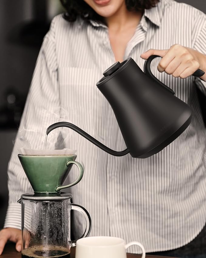 INTASTING Gooseneck Electric Kettle with ±1℉ Temperature Control for Pour Over Coffee & Tea, Quick Heating, BPA-Free Stainless Steel, Built-in Brew Timer, 1500W/0.9L (Ebony Black)