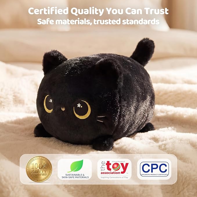 Mewaii Black Cat Plush, Cute Cat Plushies Toy, Soft Kitten Plushie Cuddle Pillow, Anime Plushie Doll, Cute Stuff Toys Gift for Girls, Boys and Males (8 Inch)