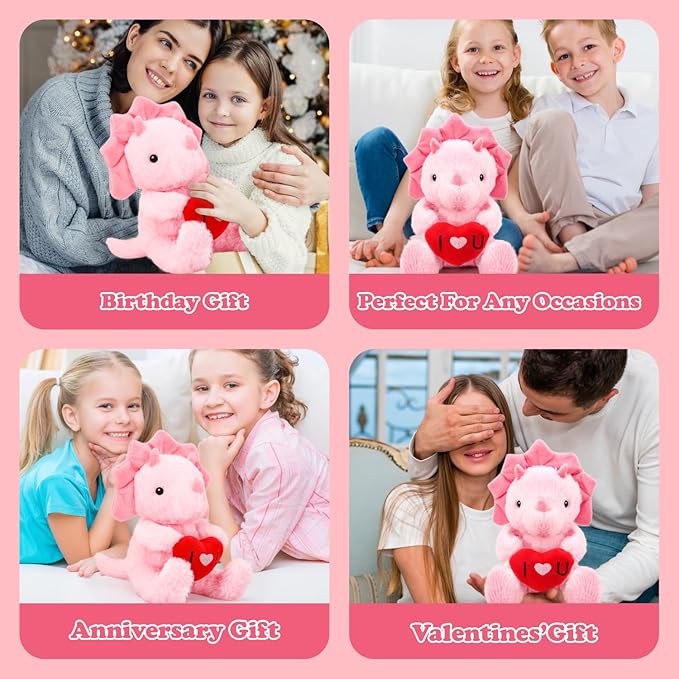 Valentine's Day Gifts for Kids, Pink Dinosaur Stuffed Animal with Heart, Cute Soft Triceratops Plush Gift for Him, Her, Boyfriend, Girlfriend, Families, Birthday Anniversary to Show Love
