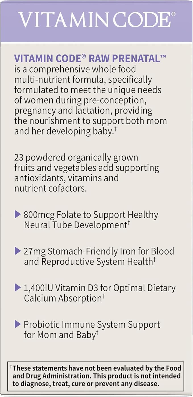 Garden of Life Vitamin Code Raw Prenatal Multivitamin for Women with Iron, Folate, Probiotics and Whole Food Nutrients - Immune and Cellular Energy Support, Non-GMO, Gluten-Free, Kosher, 30 Day Supply