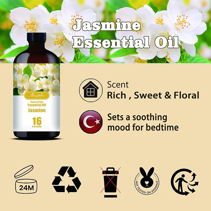 Jasmine Essential Oil, Jasmine Oil for Romance, Diffuser, Humidifier, Massage, DIY Candle, Soap, Skin Care, Yoga, Gift Ready, Jasmine Fragrance Oil - MLYNKL Essential Oils (16.33 fl oz / 490ml)
