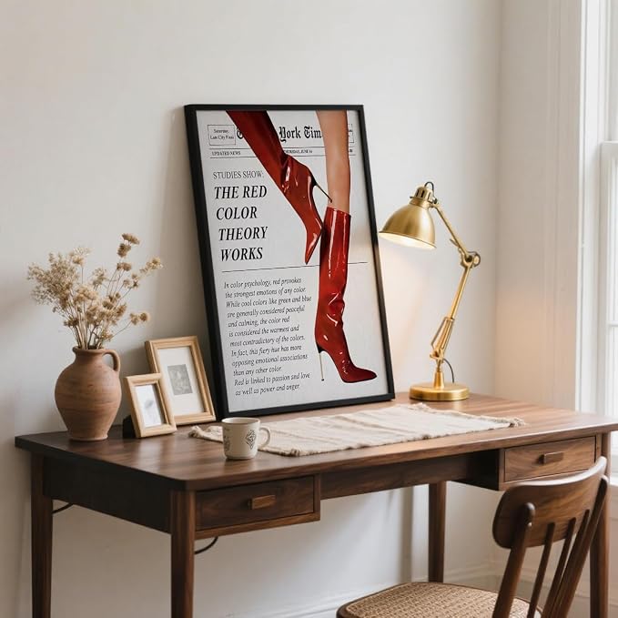 Vintage Color Theory Newspaper Poster Retro Fashion Red Boots Canvas Wall Art Funky Girl Room Decor Feminist Quote Print Wall Decor Aesthetic for Girly Bedroom Home Dorm 16x24inch Black Framed