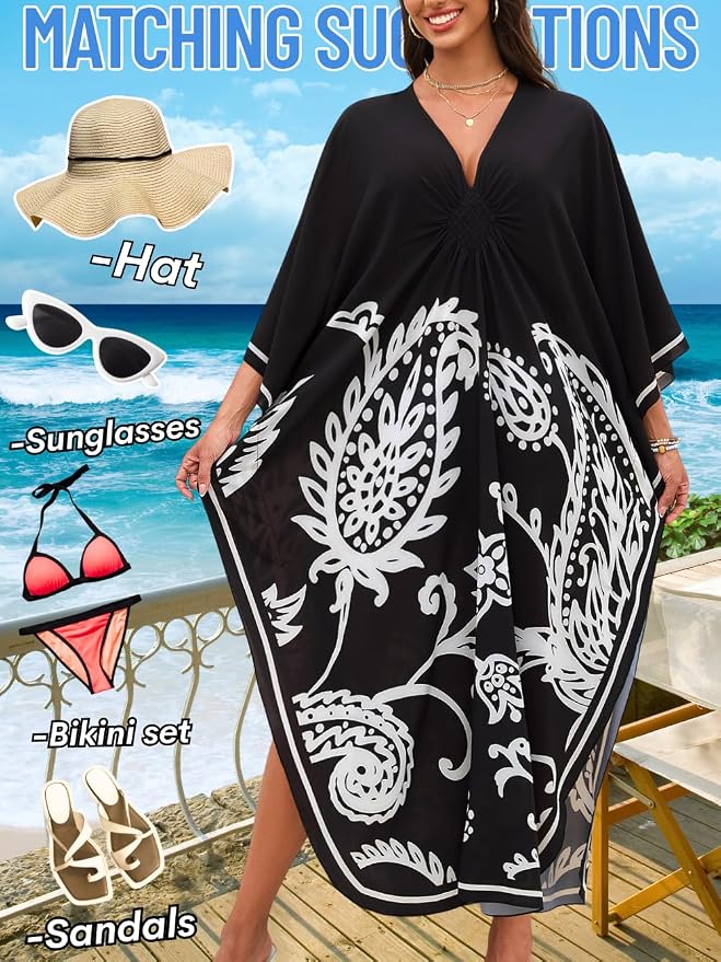 ChiaoLezhee Print Moo-Moos for Women, Kaftan Cover-Up Dresses, Sexy V-Neck High-Slit, Beach Pool-Party Coverups Muumuu Plus