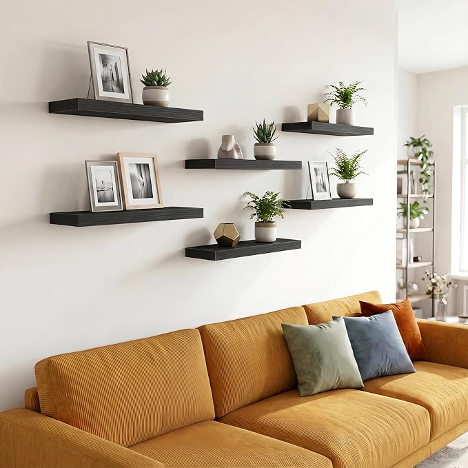 Fixwal Black Shelves, 15.7in Floating Shelves, Farmhouse Shelf Wall Decor for Bathroom, Bedroom, Living and Kitchen Set of 6