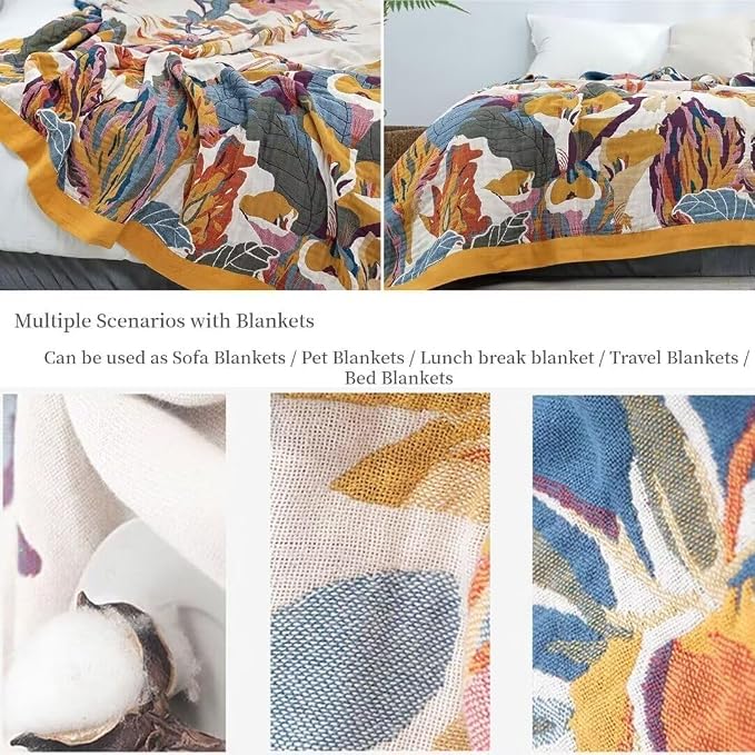 Boho Throw Blanket for Bed 100% Cotton Bohemian Blankets Ultra Soft Woven Muslin Decorative Blankets All Seasons Vintage Quilt Knitted Blanket for Sofa Chair(Yellow, 50"x60")