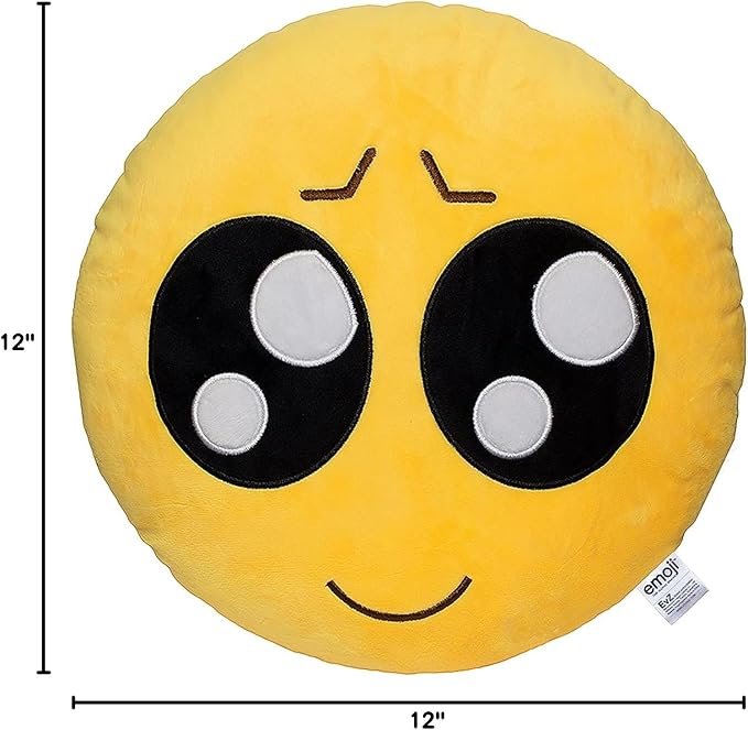 EvZ Official Certified Playcute Emoji Pillow - 32cm Large Soft Plush Pleading Face Emoticon Cushion - Cute Innocent Big Eyes Decorative Stuffed Toy for Kids, Girlfriend & Kawaii Room Decor (Yellow)