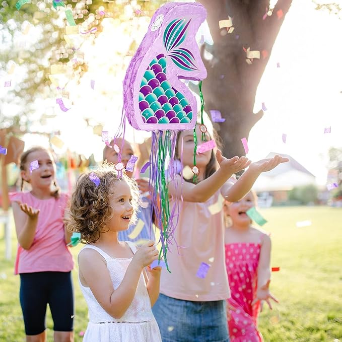 WERNNSAI Foldable Mermaid Piñata - Pull String Mermaid Birthday Party Supplies Mermaid with Blindfold Bat and Tassels Mermaid Party Decoration Games Folding Purple Mermaid Piñatas for Classroom Game