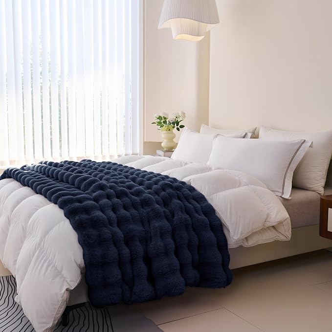 Comelady Soft Fluffy Faux Fur Throw Blanket 50"x60", Bubble Plush Texture | Navy Blue Thick Fuzzy Throw, No-Shedding, Aesthetic & Cozy for Couch Bed Room Decor, Warm Gift for Women Men