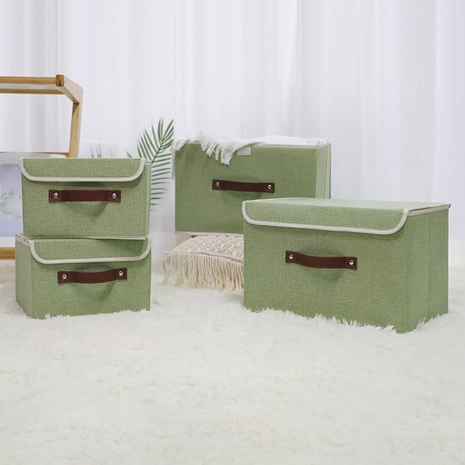ANMINY Fabric Storage Box Bins with Lids, Green, 10"x8"x7", 4 Pack | Keepsake Memory Storage, Cotton Linen, PP Board Reinforced, Washable, PU Handles, Foldable & Stackable, Decorative, Small