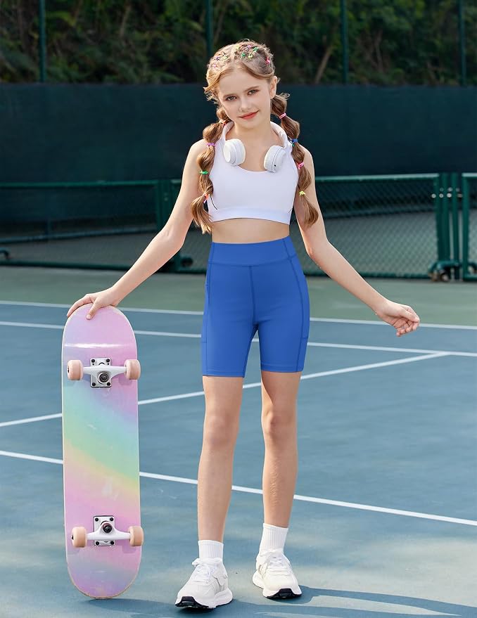 Zaclotre Girls Bike Shorts with Pockets Kids 5" High Waisted Yoga Workout Athletic Running Volleyball Spandex Shorts