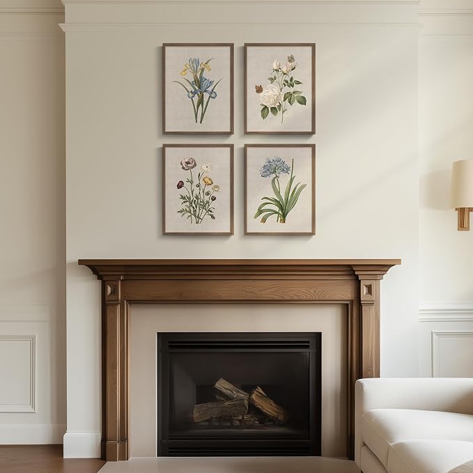 Framed Vintage Botanical Floral Wall Art for Bedroom, 4 Piece 11x14 In | Modern farmhouse wall decor, Flower pictures, Rustic retro paintings, Ready to hang canvas prints, Kitchen bedroom home decor